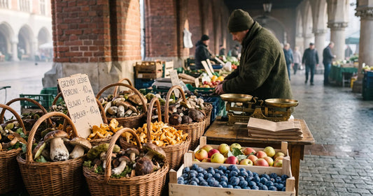 Autumn market stall in Krakow with wild mushrooms, plums and apples