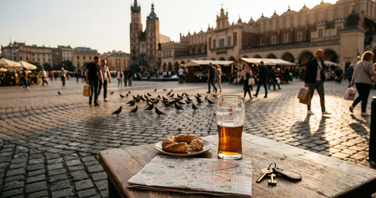 Krakow Main Market Square at golden hour with cafe tables and St Mary's Basilica