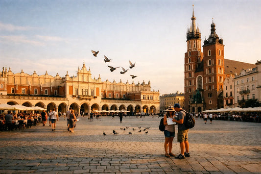 Krakow Old Town main square with St Mary's Basilica and Cloth Hall
