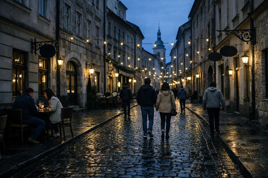 Krakow Old Town street scene at night with lit cafes and pedestrians