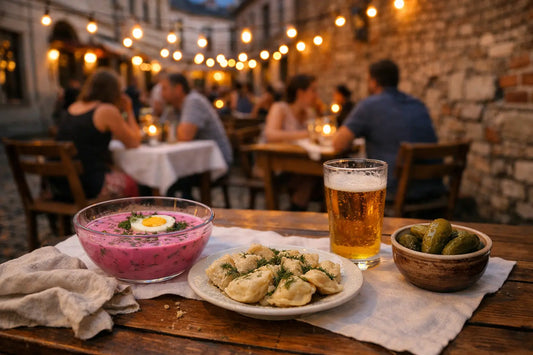 Outdoor restaurant terrace in Kazimierz, Krakow on a summer evening