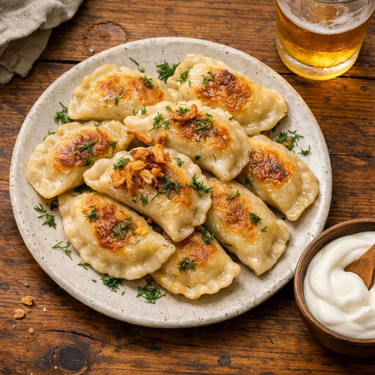 Plate of traditional Polish pierogi with sour cream and dill in Krakow